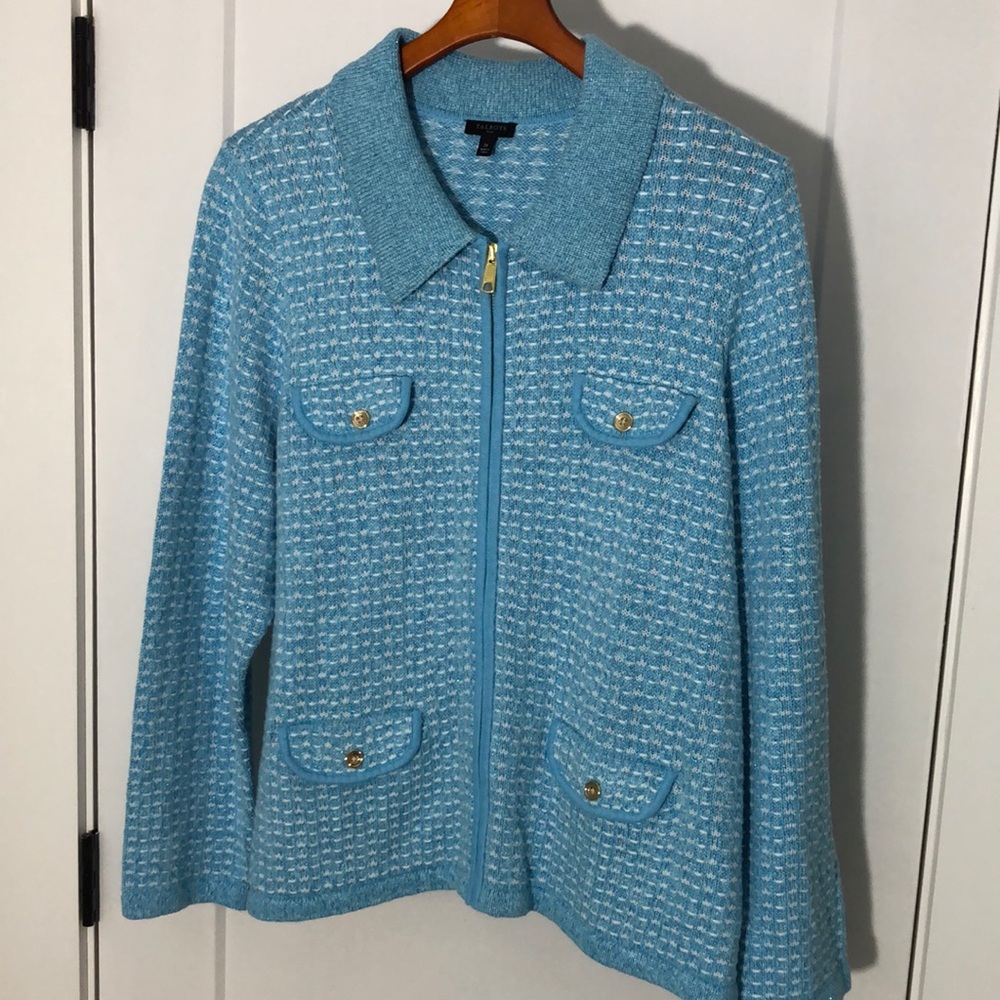 Talbots sweater jacket with zip front in bright blue tones. SIZE 2X